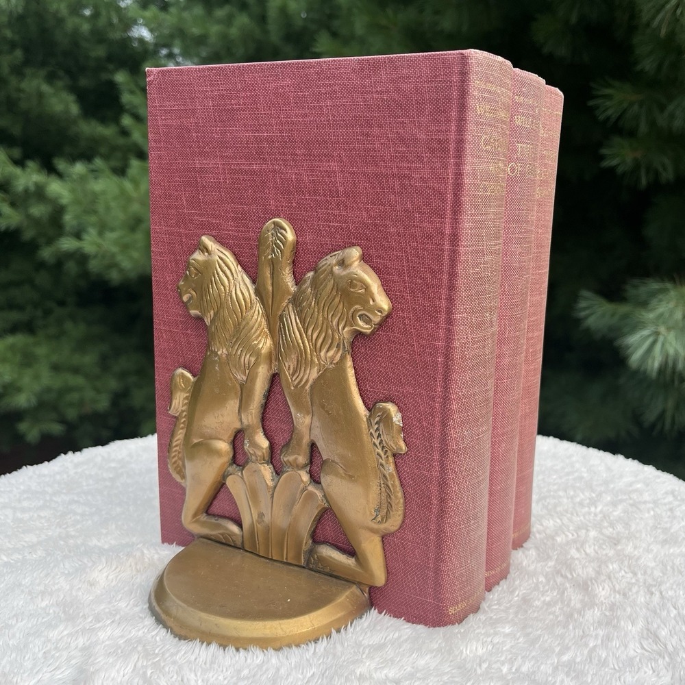 Vintage Brass Lion Bookends Heavy Cast Metal Hollywood Regency Library Decor